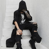 Nightclub DJ Singer Punk Rock Hip Hop Long Shirt Black Hooded Cloak Cardigan Men Pleated Woven Cotton Blouse Gothic Vintage