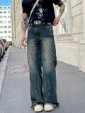 Retro Blue Baggy Jeans Men'S Jeans, Y2k Hip Hop Street Casual Pants Loose Wide Leg Splice Pants Multi-Pocket Sweatpants