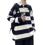 Men's Long Sleeve Loose Tide Brand Lapel POLO Shirt Striped Top Clothes Versatile