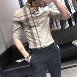 Elegant Fashion Harajuku Slim Fit Ropa Hombre Loose Casual Sport All Match Shirt Square Neck Button Lattice Middle Sleeve Blusa