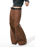 Spring Autumn Long Loose Casual Brown Pu Leather Pants Men Wide Leg LUxury Designer Unisex Trousers Fashions