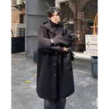 High Street Horn Button Woolen Trench Men Preppy Casual Long Loose Windbreaker Winter Hooded Jacket Coats Fashion Trenchcoat