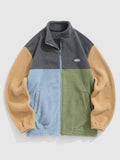 Men's Casual Fleece Fluffy Colorblock Stand Collar Zip Up Pocket Applique Design Jacket