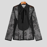 Tops American Style New Men Fashion Solid Ribbon Blouse Male Stitching Butterfly Lace Long Sleeve Thin Shirts S-5XL