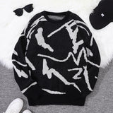 New Popular Spring Autumn Graffiti Jacquard Pattern Pullover Sweater Casual Round Neck Contrast Color Knitted Men's Pullover