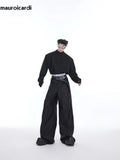 Spring Autumn Long Loose Casual Glossy Baggy Flowy Soft Black Wide Leg Pants Men Luxury Designer Emo Clothing