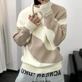 Man Clothes Round Collar Pullovers Knitted Sweaters for Men Crewneck Color Matching Black Cigaret Casual Korean Style Jumpers S