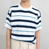 Striped T-shirts Men Chic New High Street All-match Casual O-neck Korean Style Fashion Business Casual Half Sleeve Youthful Cozy