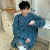 Bead Design Men Pullover Sweaters Korean Stylish Round Collar Solid Color Plush Male Pullovers Chic Spring New