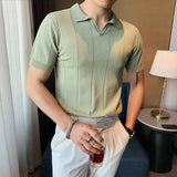 British Style POLO Shirts Men Knitting Short Sleeve Shirts Solid Color Lapel Business Casual Top Summer Social Clothing
