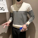 Autumn Winter New Fashion Round Long Sleeve Patchwork Striped Pullovers Men's Clothing Casual Sweaters Loose Korean Trend Tops