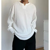 KPOP Fashion Style Harajuku Slim Fit Ropa Hombre Loose Casual All Match T-shirts Korean Style Solid V Neck Long Sleeve Tshirts