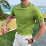 British Style Summer Ice Silk Short Sleeve Knitted T Shirts Men Simple Pure Color O-Neck Casual Slim Tee Shirt Top Homme M-3XL