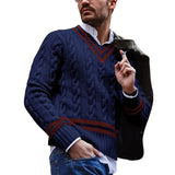 Europe and The United States V-neck Sweater Men's Striped Color Blocking Knitted Sweater Autumn and Winter Fashion Mens Clothes