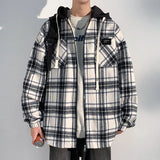 Spring Autumn Fashion Men's Plaid Jacket Coat Hooded Check Outerwear Breast Pocket Loose Casual Jackets for men