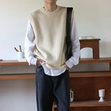 Knit Sweater Male Sleeveless Solid Color Men's Clothing Waistcoat Vest Crewneck Black Round Collar Plain Korean 2024 Autumn Old