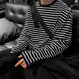 Men Round Neck T-shirts Leisure Striped Fashion All-match Retro Korean Style Chic Baggy Classic Soft Cozy Tops Spring Autumn