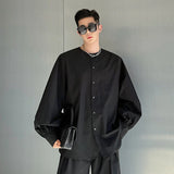 Korean Style Men's Collarless Shirt Loose Lantern Long Sleeve Solid Color Casual Single Breasted Top Spring