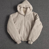 Autumn Winter Short Thickened Warm Oversized Canvas Washed Padded Jacket with Faux Fur Inside Loose Casual Hoodie