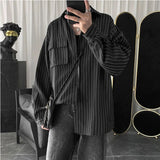 Spring Autumn New Fashion Turn-down Collar Long Sleeve Striped Blouse Men's Clothing Pockets Button Japanese Style Trend Shirts