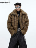 Winter Short Thick Warm Brown Hairy Soft Faux Fur Coat Men with Turn-down Collar Long Sleeve Fluffy Jackets