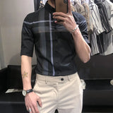 Elegant Fashion Harajuku Slim Fit Ropa Hombre Loose Casual Sport All Match Shirt Square Neck Button Lattice Middle Sleeve Blusa