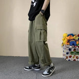 Army Green Overalls Mens Trend Loose Straight Pants Y2k Spring Autumn Casual Pants Korean Version Big Pocket Wide Leg Boys Pants