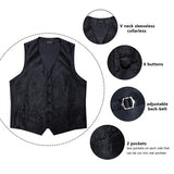 Men Black Paisley Vest Necktie Bowtie Pocket Square Cufflinks Dress Set Classic 5 PCS Business Waistcoat for Man