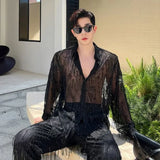 Personality Menwear Men's Casual Sets Sequins Tassels Two-piece Trendy Long Sleeve Shirt Straight Pants Autumn