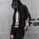 Nightclub DJ Singer Punk Rock Hip Hop Long Shirt Black Hooded Cloak Cardigan Men Pleated Woven Cotton Blouse Gothic Vintage