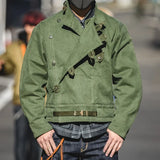 Army Green Retro bomber Jackets Misplaced Oblique Buckle Swedish Motorcycle Men's Cotton Autumn Winter Coat