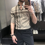 Elegant Fashion Harajuku Slim Fit Ropa Hombre Loose Casual Sport All Match Shirt Square Neck Button Lattice Middle Sleeve Blusa