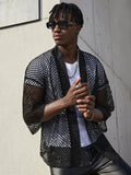 Mesh See-through Fishnet Mens Shirt Cardigan Fashion Sexy Shawl Nightclub Wear Tops 3/4 Sleeve Camisas Streetwear For Men