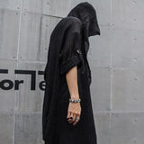 Nightclub DJ Singer Punk Rock Hip Hop Long Shirt Black Hooded Cloak Cardigan Men Pleated Woven Cotton Blouse Gothic Vintage