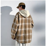 Spring Autumn Fashion Men's Plaid Jacket Coat Hooded Check Outerwear Breast Pocket Loose Casual Jackets for men