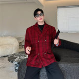 Chic Men's Red Blazer Jacket Shiny Silk Plaid Stage Prom Dress Clothing Autumn Winter Desinger Casual Tweed Suit Coat