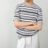 Striped T-shirts Men Chic New High Street All-match Casual O-neck Korean Style Fashion Business Casual Half Sleeve Youthful Cozy