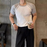 Summer Men's Clothing Light Luxury Knit O Neck Short-sleeved T Shirt Patchwork Leisure Korean Popular Streetwear Retro Knitwear