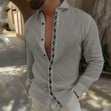 Spring Summer Men Long Sleeve Cotton Linen Shirt Fashion Print Button Turn-down Collar Top Mens Casual Office Streetwear Clothes