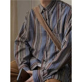 Men's Trendy Japanese Style Vintage Striped Print Streetwear Shirt Spring Autumn Casual Long Sleeve Loose Tops Camisas De Hombre