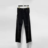 Darkwear Niche Design High Street Style Main Line Large Zipper Loose Men Jeans Solid Black Casual Chic Denim Pants