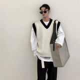 Man Clothes Beige Vest Waistcoat Knitted Sweaters for Men V Neck Sleeveless Order Korean Fashion Over Fit Knit Large Big Size X