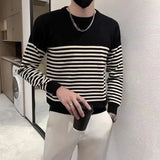 Autumn Winter New Fashion Round Long Sleeve Patchwork Striped Pullovers Men's Clothing Casual Sweaters Loose Korean Trend Tops