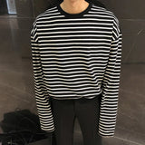 Korean Style Men's T-shirts Round Collar Striped Long Sleeve Contrast Color Causal Tops Pullover Male Loose Tee