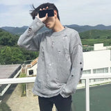 Korean Version The Small Fresh Autumn Lovers Sweater Male Trend Casual Solid Color Pullover With Holes Loose Round Collar Knitwe