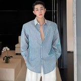 Korean Style Men's Stripe Shirts Contrast Color Lapel Male Long Sleeve Shirt Casual Spring Single Breasted Menwear