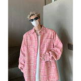 Autumn Fashion Men Women Plaid Shirts Oversize Button Up Long Sleeve Tops Korean Loose Casual Outwear Couples Shirt Pink/Blue