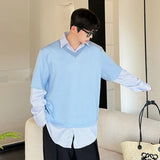 Niche Design Men's Sweatshirts Turn-down Collar Striped Patchwork Casual long sleeve Contrast Color Male Tops Autumn