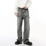 High Street Splicing Jeans Men's Wash Pattern Deconstructed Casual Jeans Solid Color Straight Wide Leg Male Bottom