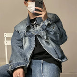 Men's Design Denim Jacket American Vintage Turn-down Collar Belt Design Single Breasted Male Coat High Street